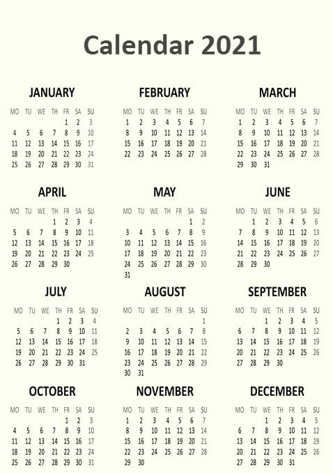 Calendar 2021 Blank Printable