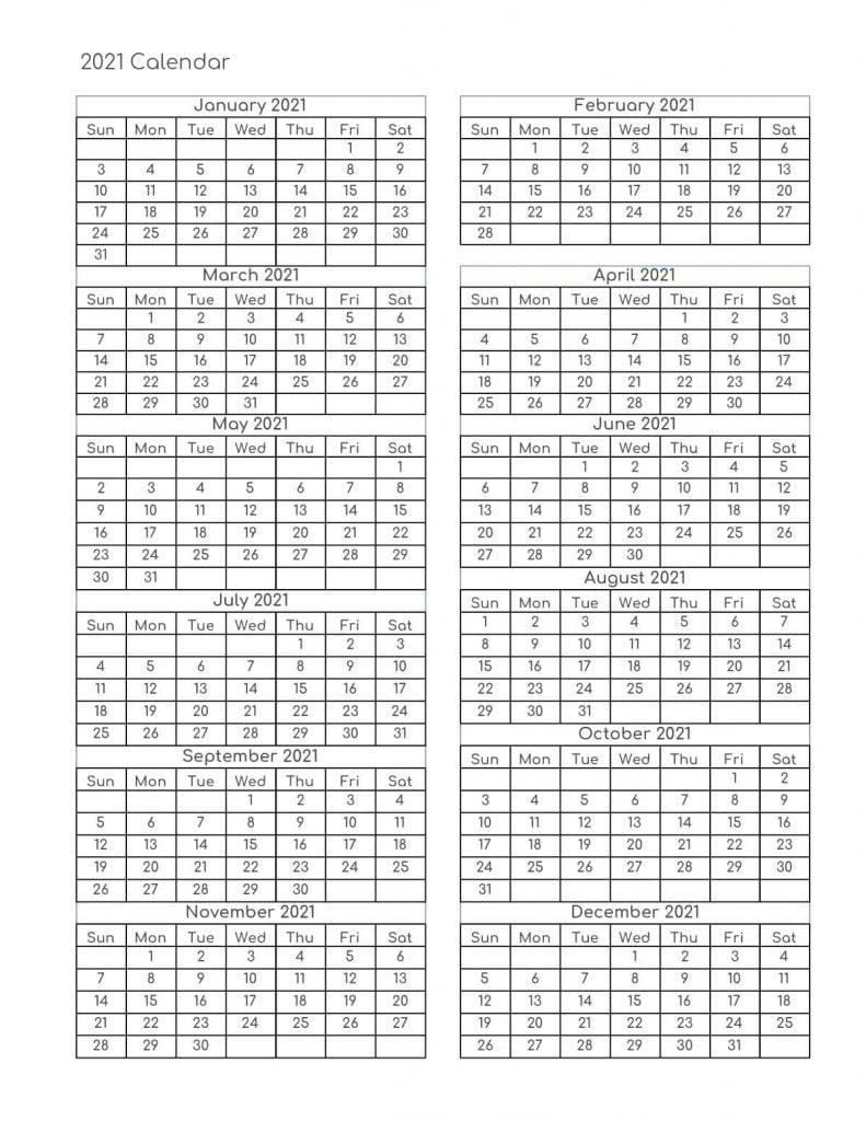 2021 one page blank printable calendar