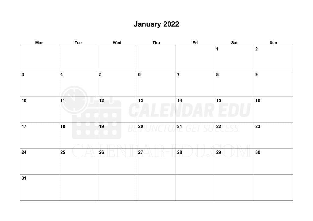 Monday Start Landscape January 2022 calendar