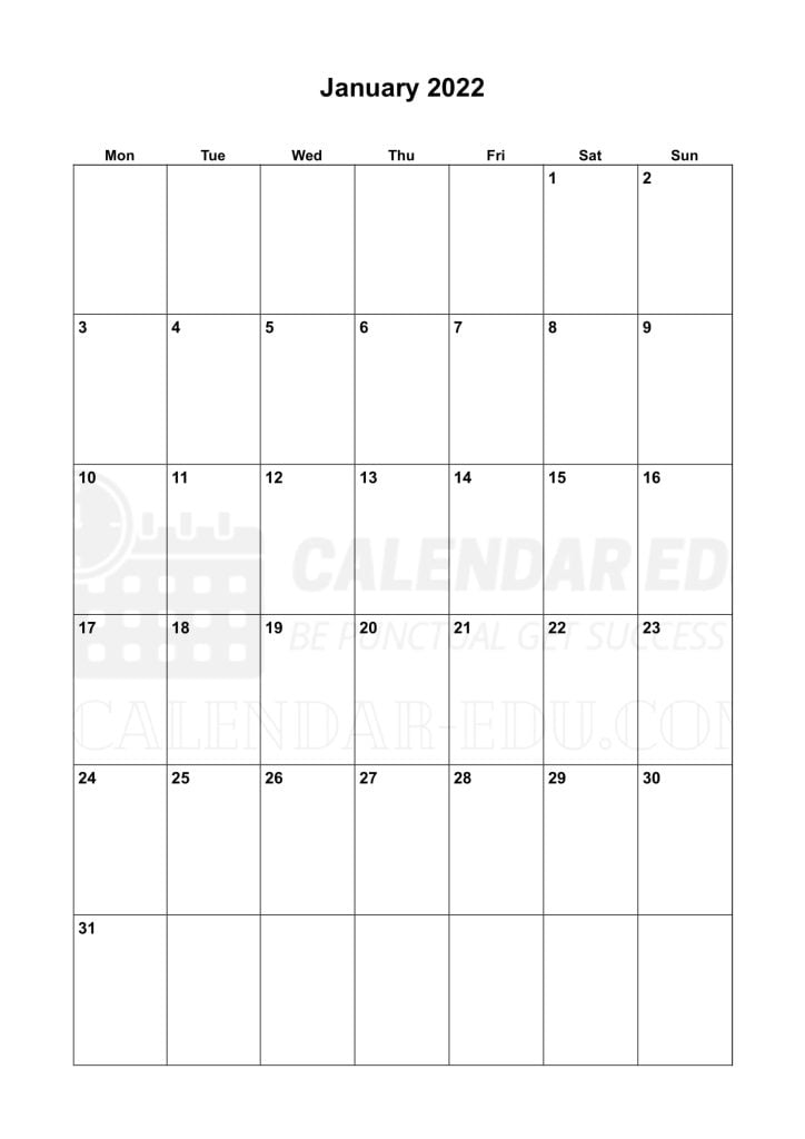 Monday Start Portrait January 2022 Calendar Printable