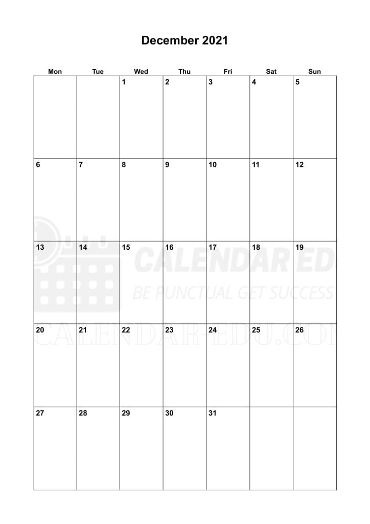 Monday start portrait December 2021 calendar