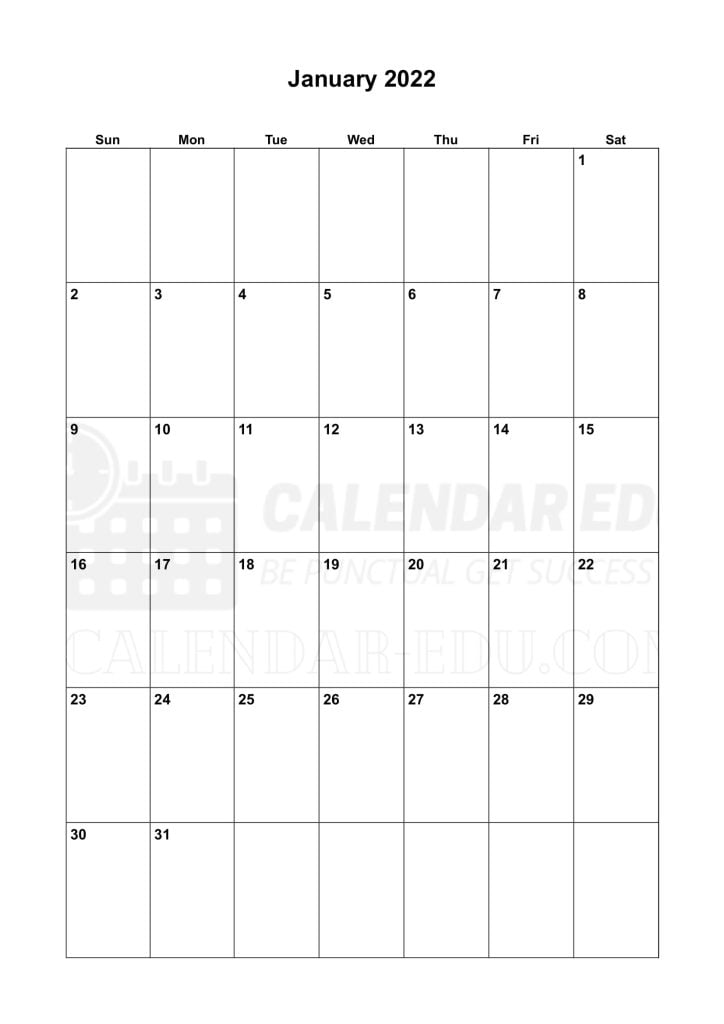 Sunday Start Portrait January 2022 Calendar Printable