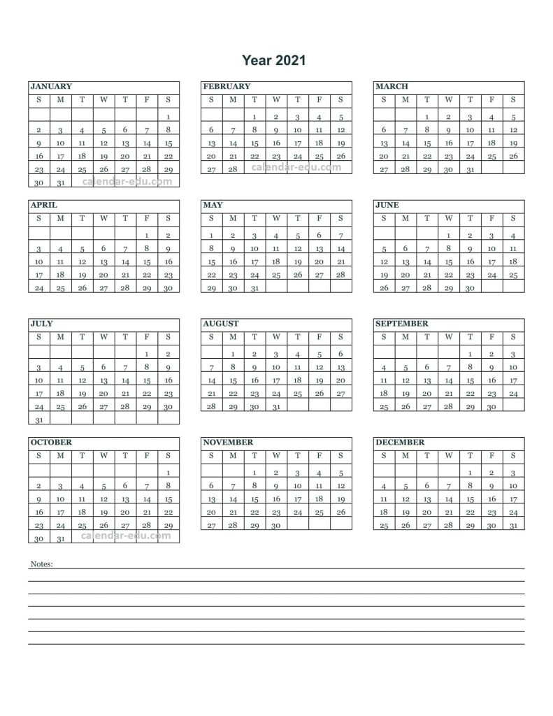Yearly 2022 calendar Printable with Notes
