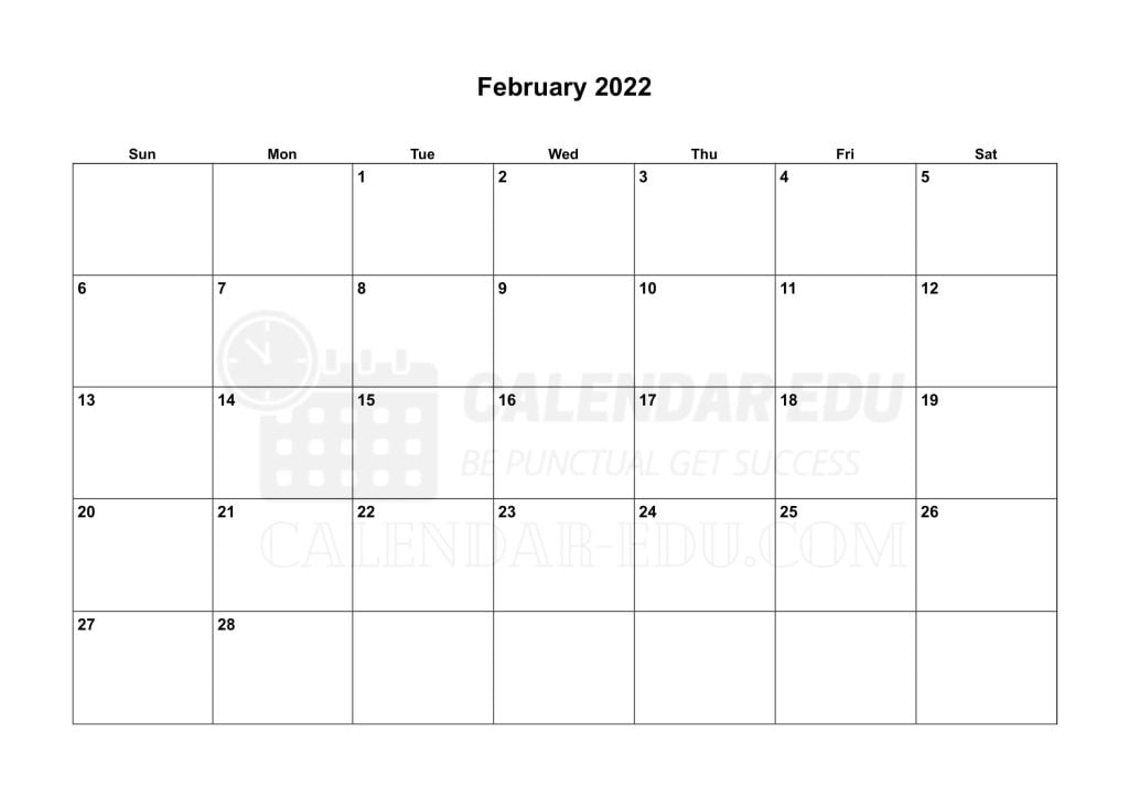 Download Landscape February 2022 Sunday Start Printable Calendar