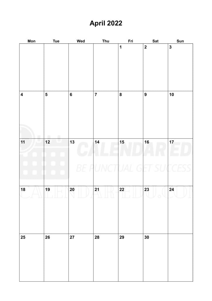 Free Portrait April 2022 Monday start printable calendar