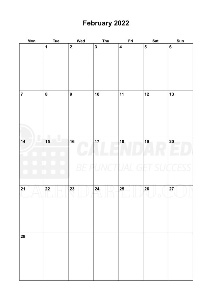 Free Portrait February 2022 Monday Start Printable Calendar Template