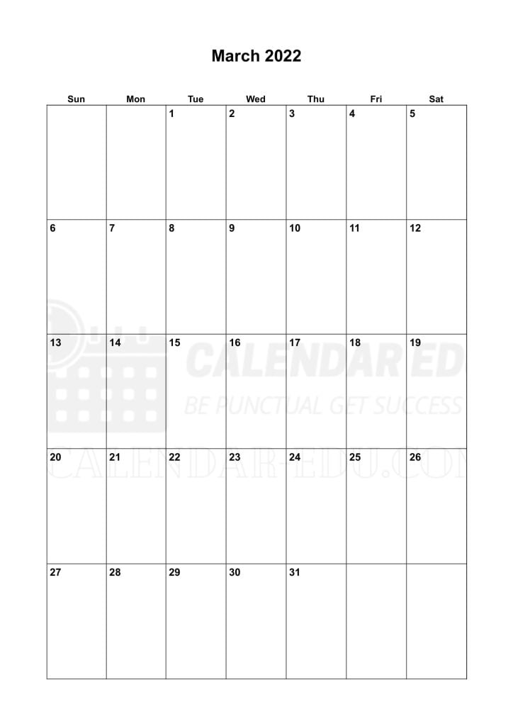 Free Portrait March 2022 Sunday start printable calendar template