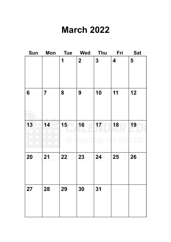 Free Portrait March 2022 printable calendar template Download