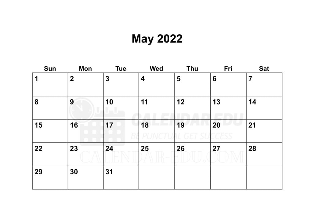 Free Sunday Start May 2022 Blank printable calendar template