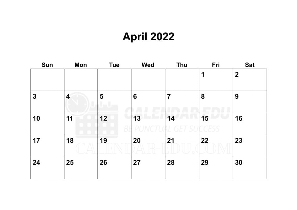 Free Sunday start April 2022 Blank printable calendar template