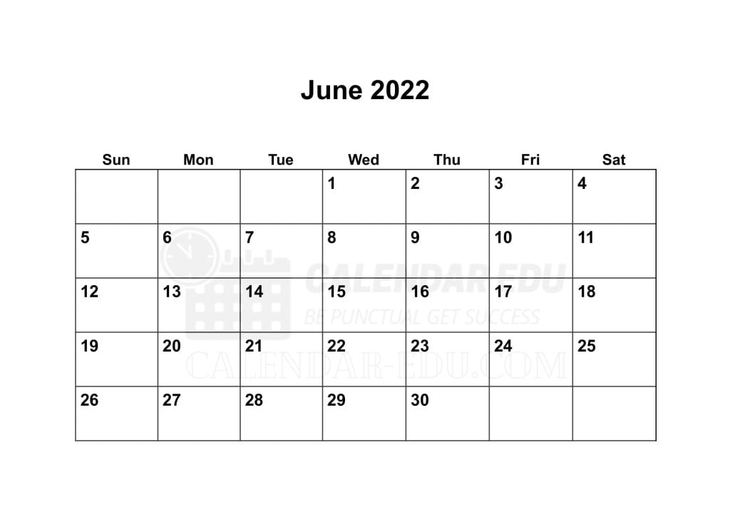 Free Sunday start June 2022 Blank printable calendar template