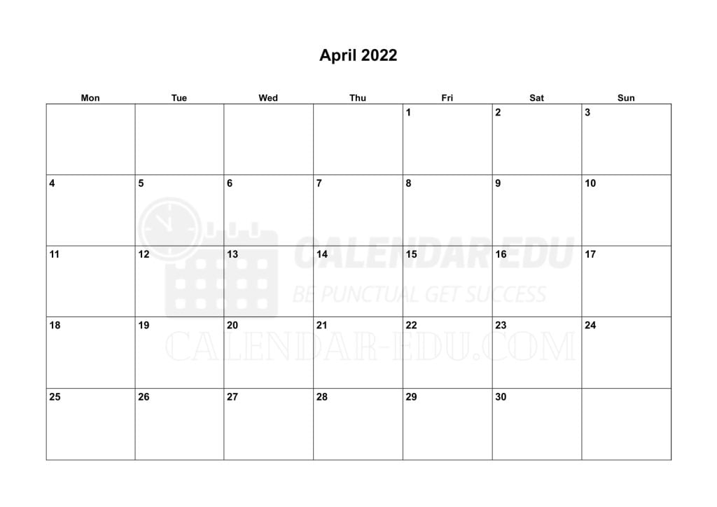 Landscape April 2022 Monday start printable calendar Download