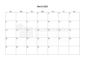 Landscape March 2022 Sunday start printable calendar template