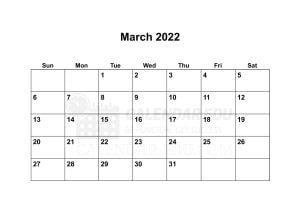Landscape March 2022 printable calendar template Download