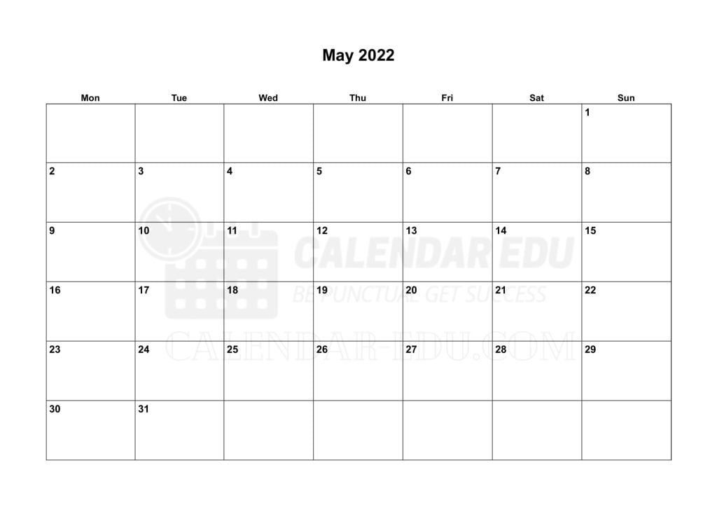 Landscape May 2022 Monday start printable calendar template