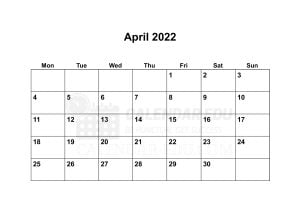 Monday Start April 2022 Blank printable calendar Download