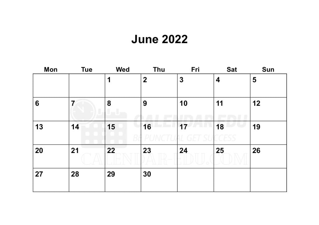 Monday Start June 2022 Blank printable calendar template free