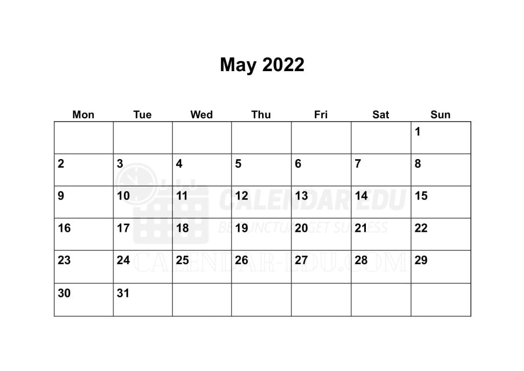 Monday start May 2022 blank printable calendar template Download