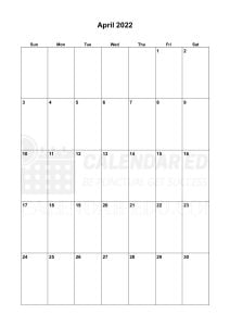 Portrait April 2022 Sunday start printable calendar template