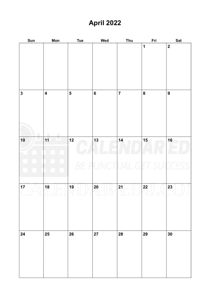 Portrait April 2022 Sunday start printable calendar template