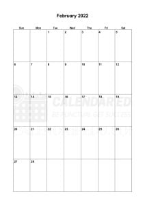Portrait February 2022 Sunday Start Printable Calendar Template