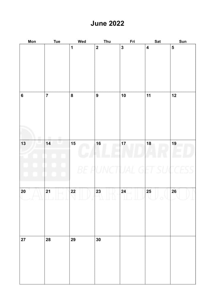 Portrait June 2022 Monday start printable calendar template