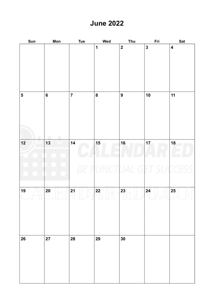 Portrait June 2022 Sunday start printable calendar template download