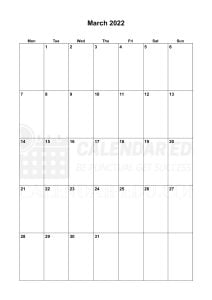 Portrait March 2022 Monday start printable calendar template