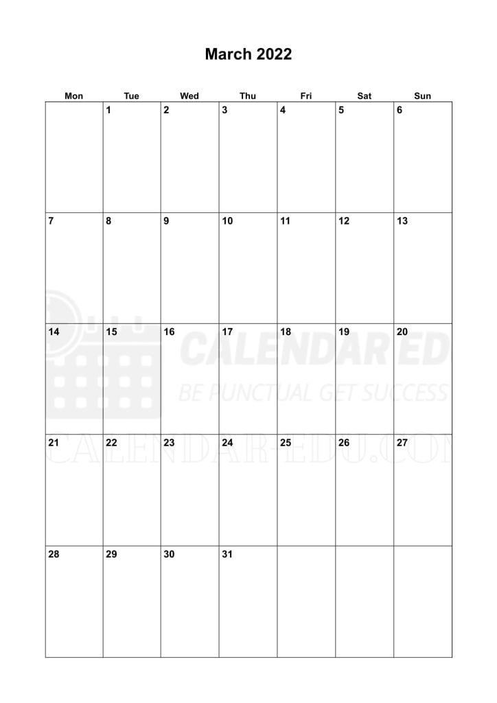 Portrait March 2022 Monday start printable calendar template