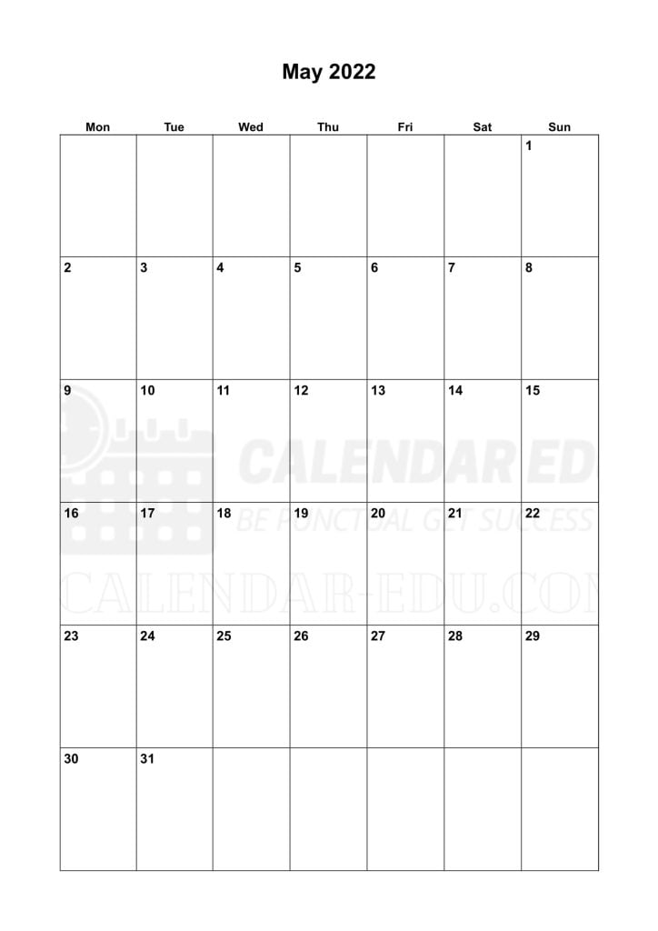 Portrait May 2022 Monday start printable calendar Download