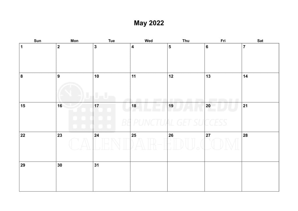 Portrait May 2022 Sunday start printable calendar template