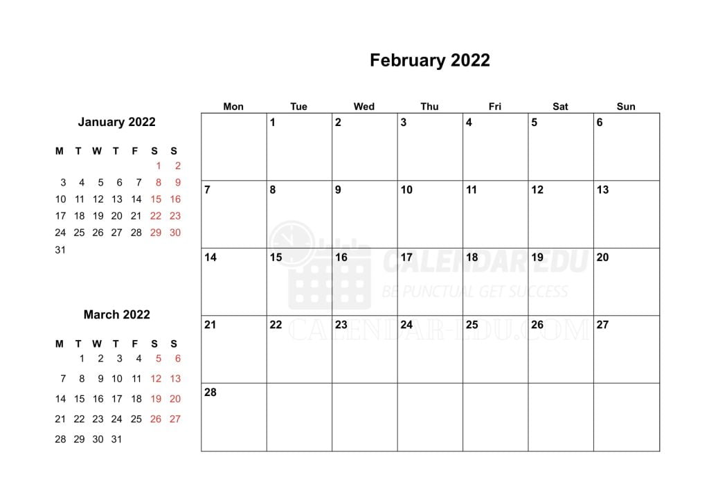 Two Month February 2022 Monday Start Printable Calendar Template