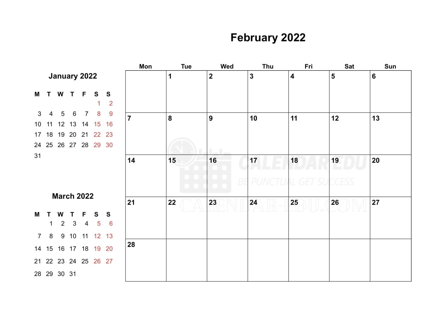 February 2022 Calendar Printable | Blank 2022 Month Template