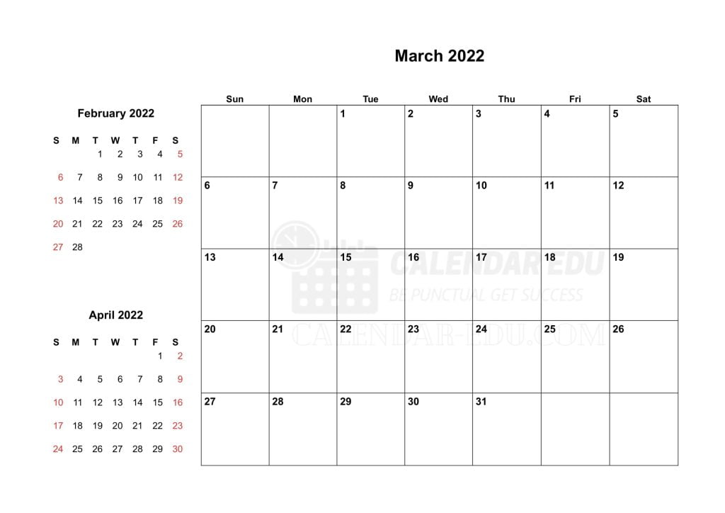 Two Month March 2022 Sunday start printable calendar template