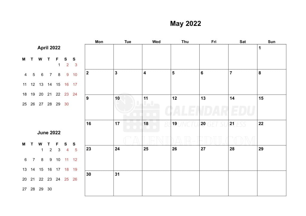 Two Month May 2022 Monday start printable calendar template
