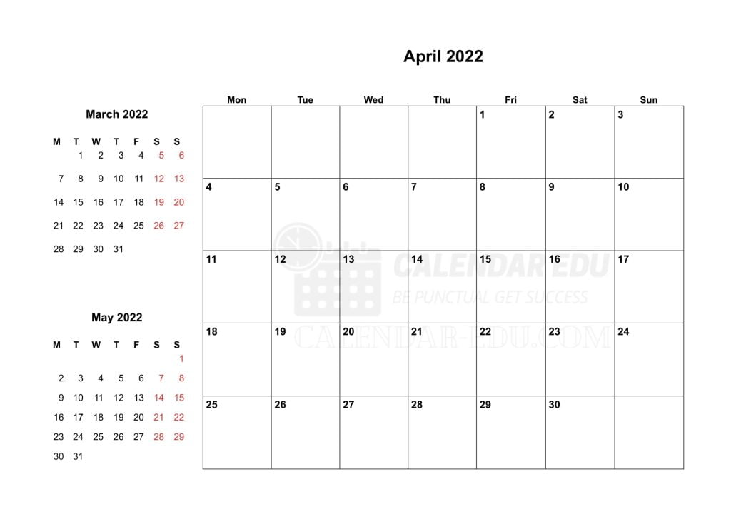 Two month April 2022 Monday start printable calendar template
