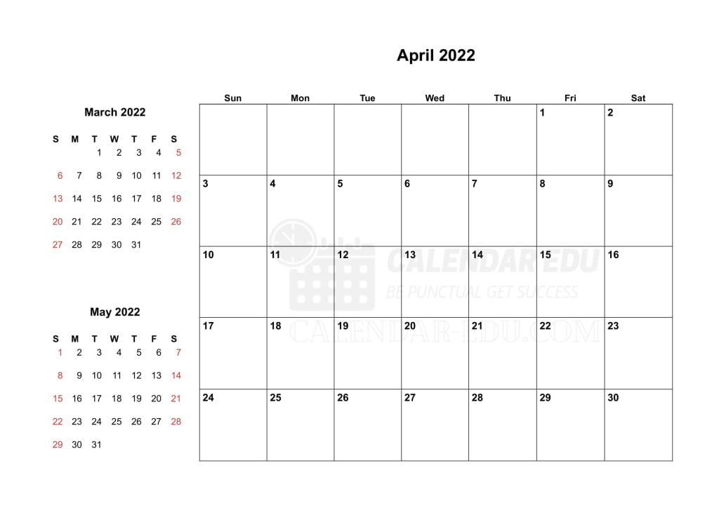 Two month April 2022 Sunday start printable calendar template