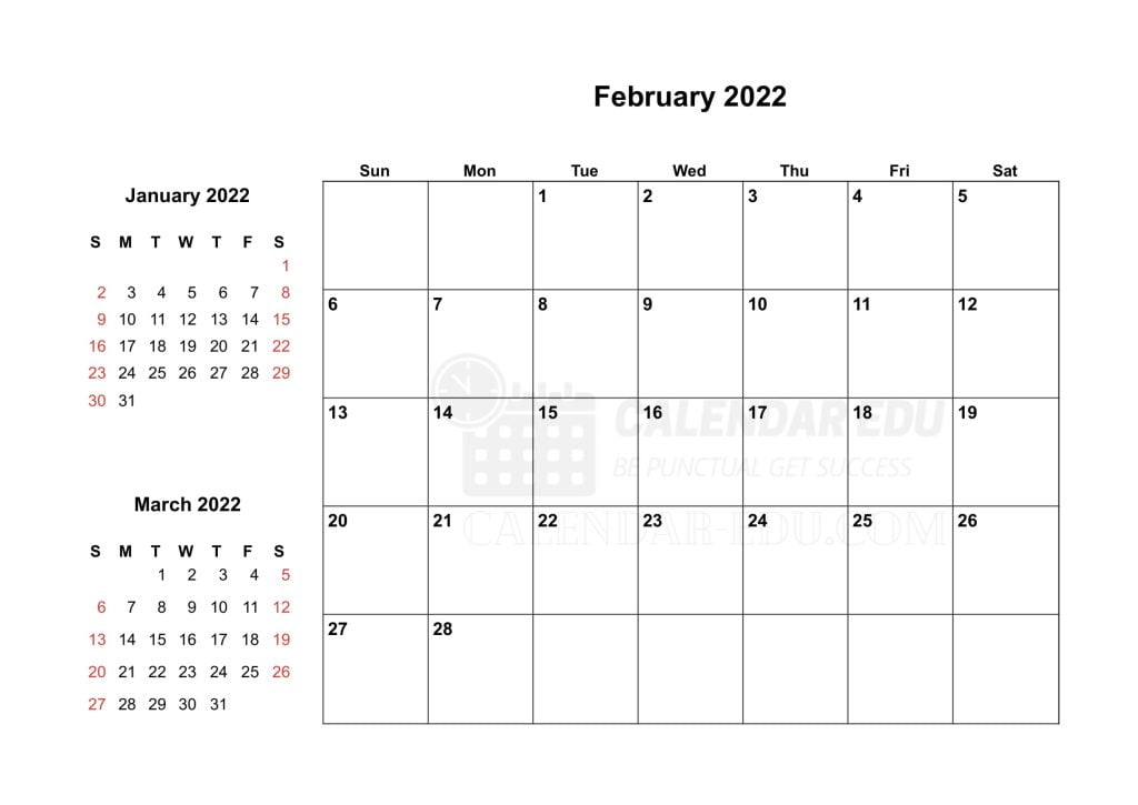 Two month Landscape February 2022 Sunday Start Printable Calendar Template