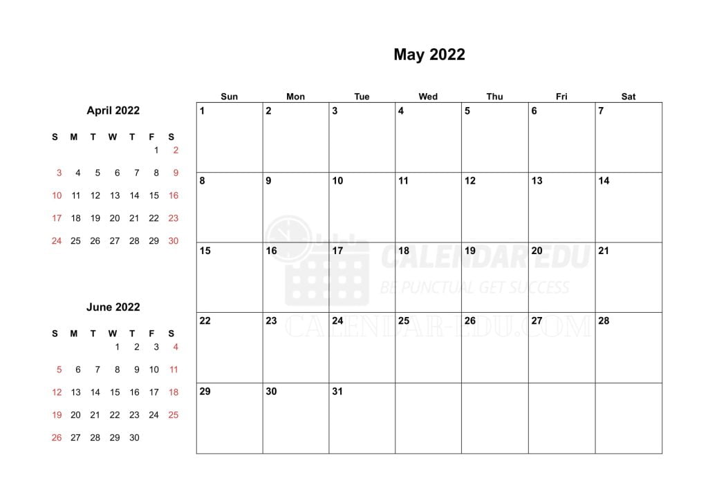 Two month May 2022 Sunday start printable calendar template
