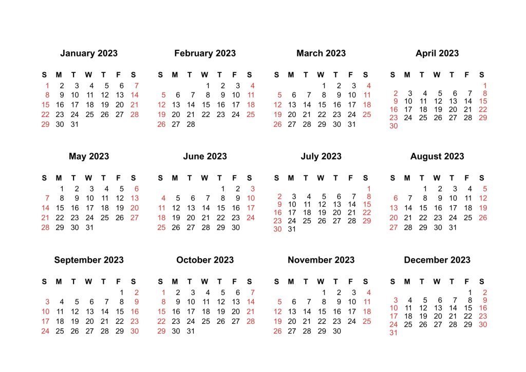 Landscape 2023 Sunday start Yearly printable calendar template