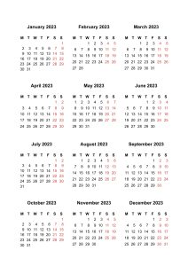 Portrait 2023 Monday start Yearly printable calendar template