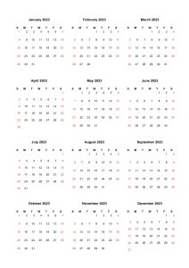 Portrait 2023 Sunday start Yearly printable calendar template