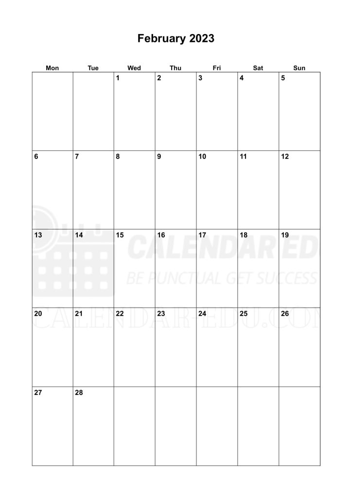 Portrait Monday start February 2023 Calendar Printable Templates