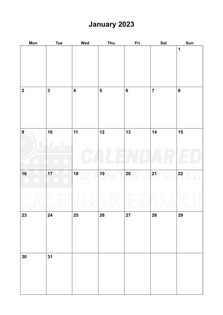 Portrait Monday start January 2023 Calendar Printable Templates