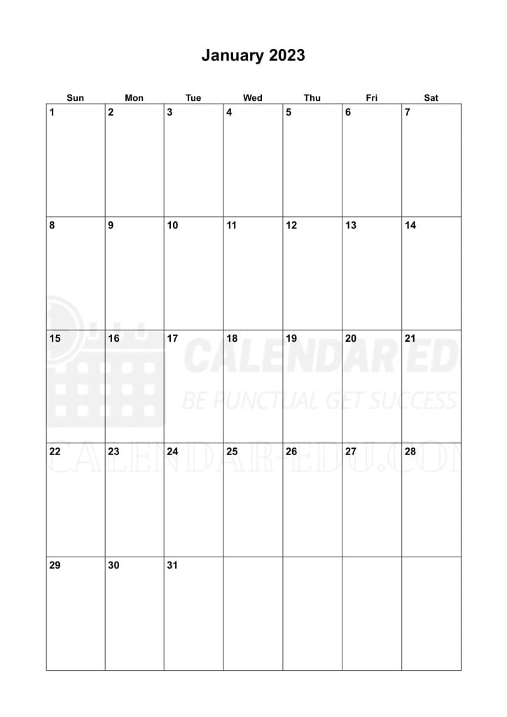 Portrait Sunday start January 2023 Calendar Printable Templates