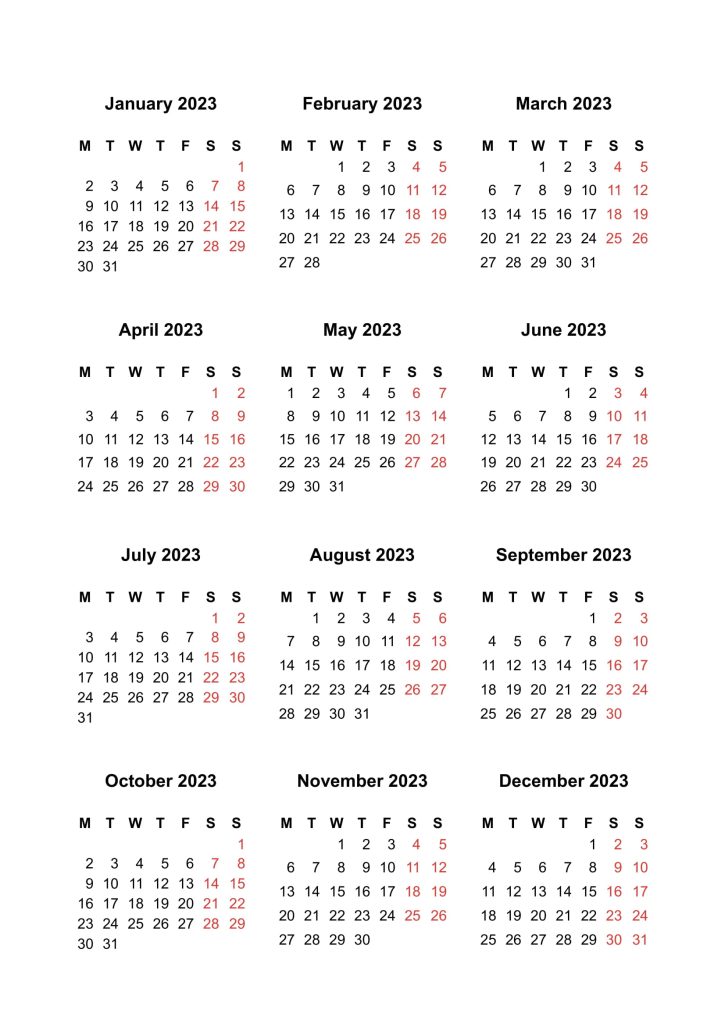 Portrait 2023 Monday start Yearly printable calendar template