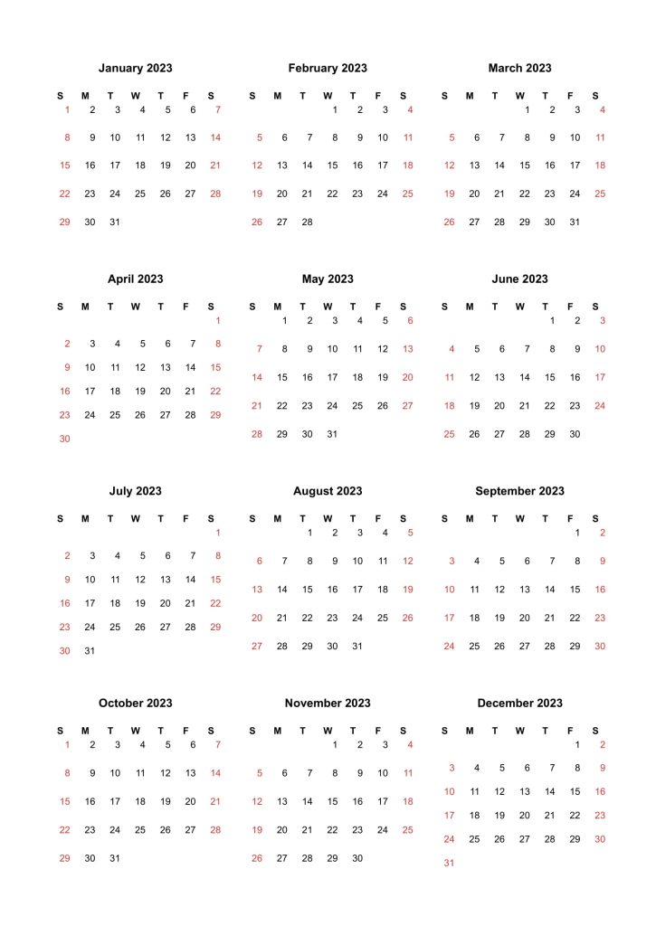 Portrait 2023 Sunday start Yearly printable calendar template