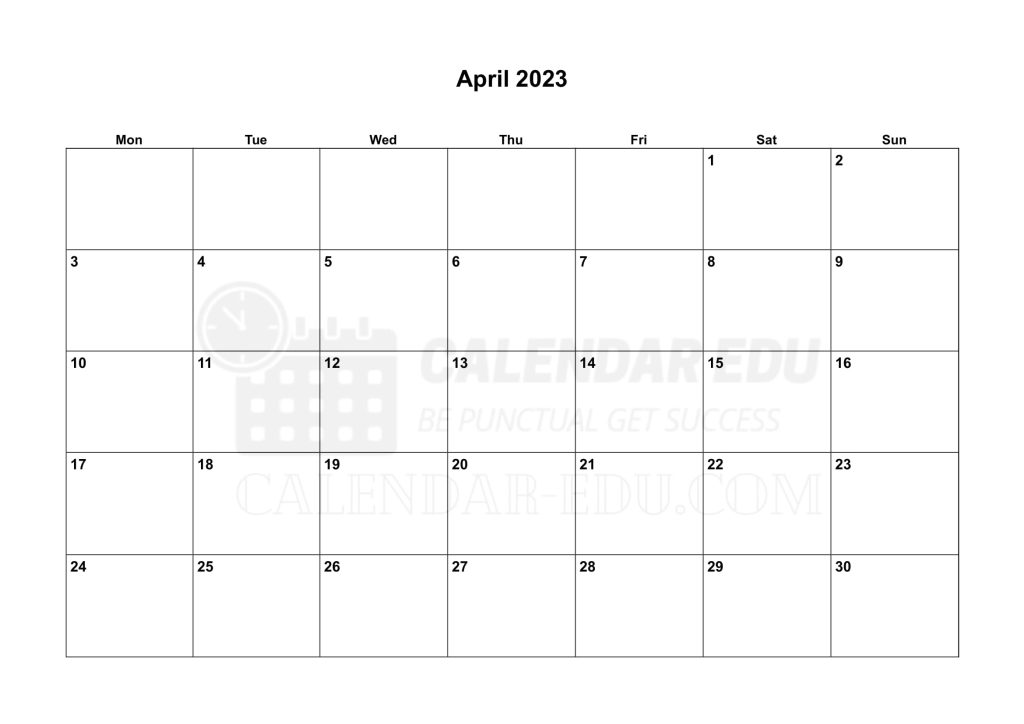 Landscape Monday start April 2023 Calendar Printable Templates