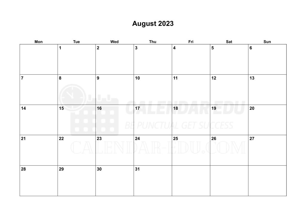 Landscape Monday start August 2023 Calendar printable templates