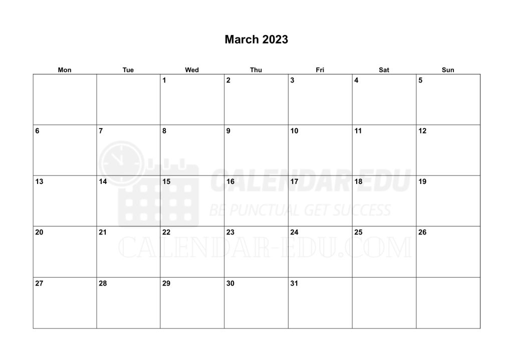 Landscape Monday start March 2023 Calendar Printable Templates
